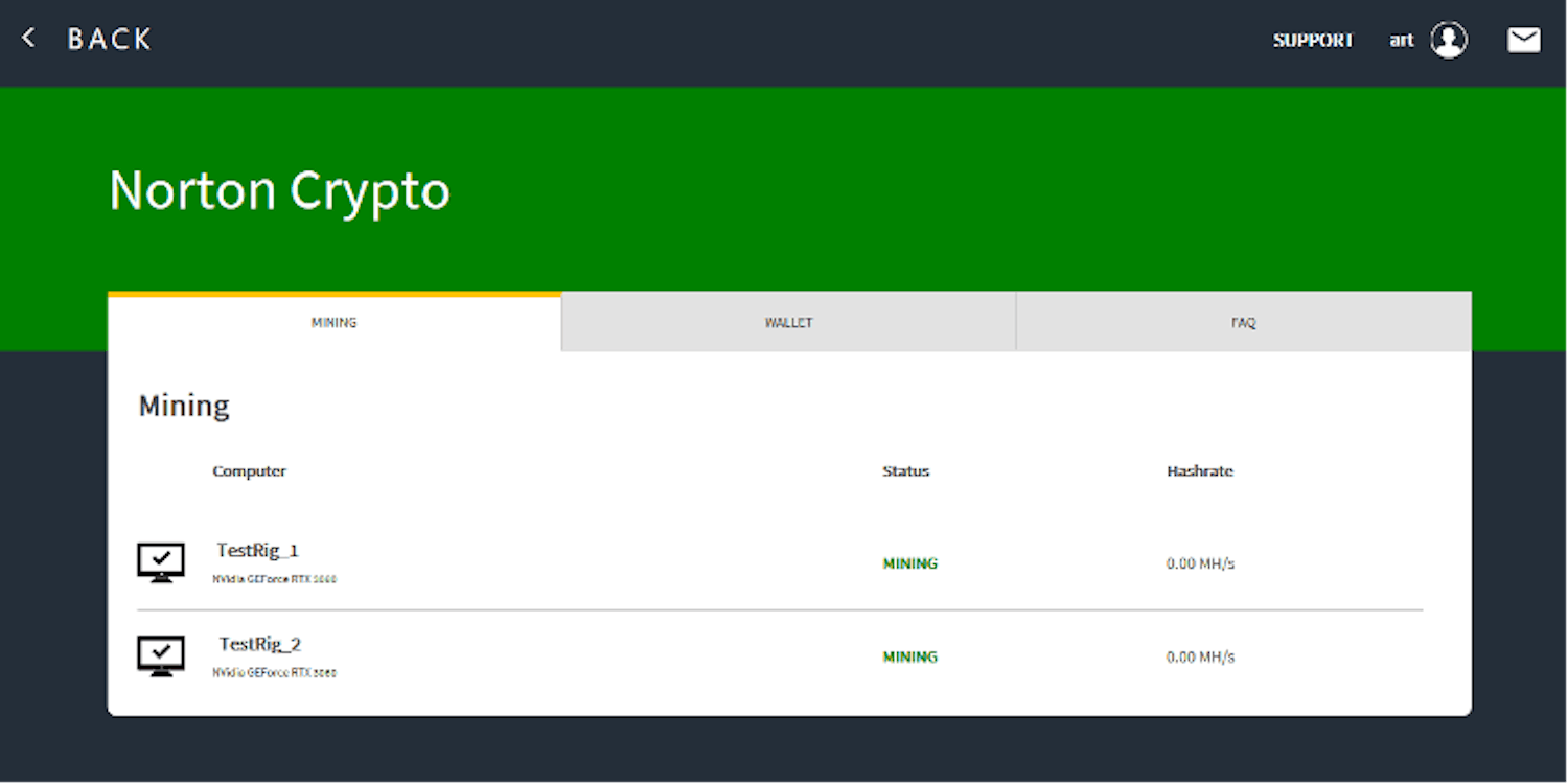 Norton Crypto Mining-programmet är uppbyggt i samma stil som NortonLifeLocks övriga program.